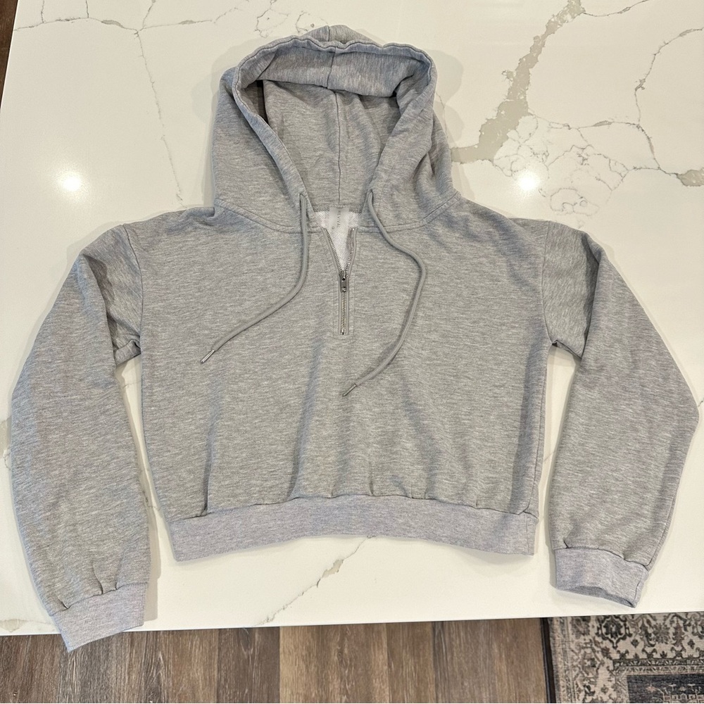 AS Revival Womens Cropped 1/4 Zip Sweatshirt Size L Gray Lounge Hooded Athletic